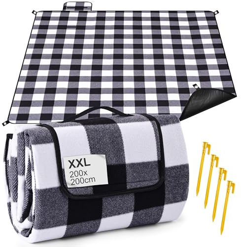 Gucass Coperta da Picnic Impermeabile 200 x 200 cm, Tappetino da Spiaggia con Maniglia, Pieghevole, Senza Sabbia, per Esterni, Lavabile, per Barbecue, Escursioni, Viaggi (Griglia Bianca E Nera)