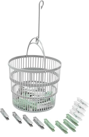 JVL Collapsible Peg Basket with Handle and 50 Plastic Clothes Pegs – Laundry Storage Holder