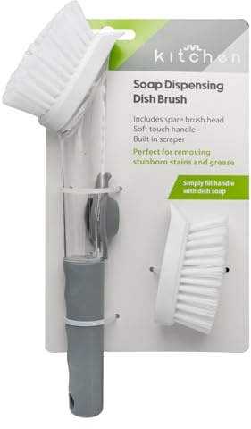 JVL Soap Dispenser Washing Up Brush with Refill Brush Head – Dish Scrubbing Brush for Kitchen Sink, Liquid Soap Dispensing Handle