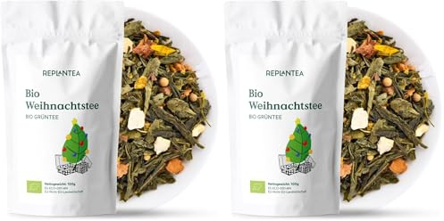 REPLANTEA Bio Weihnachtstee Lose 100g | Grüner Tee Sencha mit Zimt, Apfel & Orange | Aromatische Winter-Gewürzmischung | Ideal für Advent & Weihnachten | Ergibt ca. 50 Tassen (Packung mit 2)