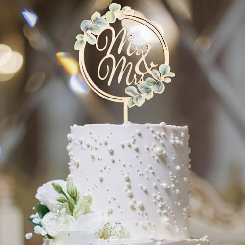 Wedding Cake Topper - Wooden Mr & Mrs Wedding Anniversary Cake Topper Decoration, Bride and Groom Cake Toppers (Leaves-1)