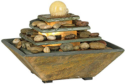 Pyramid 9 High Small Zen Modern Indoor Decor Slate Stone Tabletop Fountain with Light LED Waterfall Feng Shui Ball Water Feature for Desk Relaxation Bedroom Living Room Countertop - John Timberland