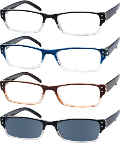 Eyekepper 4er-pack Damen und Herren Rechteckige Lesebrille mit Federscharnieren und sonnen schützt Gläser +2.50