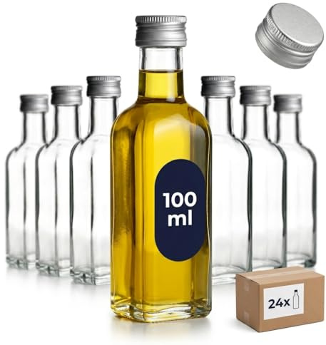 gouveo 24er Set Glasflaschen 100 ml (0,10 l) Maraska mit Schraubverschluss silberfarben – eckige Enghalsflaschen aus Klarglas zum Befüllen für Likör, Sirup, Öl und Essig (MFET100S)