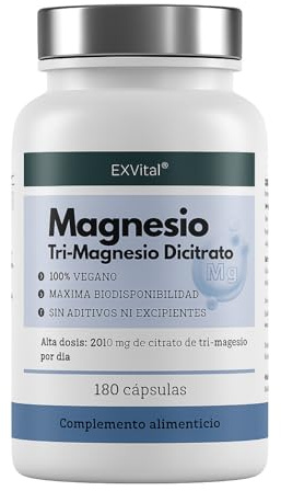 Tri-Magnesium Dicitrat- 2010mg Magnesiumcitrat, 322mg elementares Magnesium pro Tagesdosis von EXVital. Hoch konzentriert, 180 Kapseln, Premiumqualität, kein Magnesiumstearat, vegan, 1er Pack (156g)