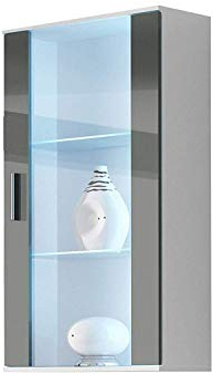 Hängevitrine SOHO Hängeschrank Wandvitrine mit Blauer LED Beleuchtung (Weiß/Grau Hochglanz)