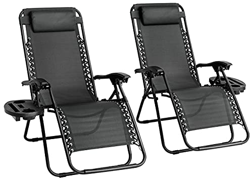 Straame Garden | Zero Gravity Chair | Set of 2 | Heavy Duty Textoline | Outdoor & Garden Sunloungers | Reclining & Folding Chair with Cup Holder and Headrest Pillow