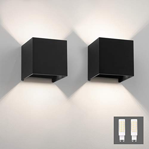 Klighten 2PCS Wandleuchte mit Austauschbarer G9 LED Birne 4000K, Schwarz | Wasserdicht IP54, Wandlampe Innen/Aussen, Up Down Design, Aluminium Aussenlampe für Garten, Wohnzimmer