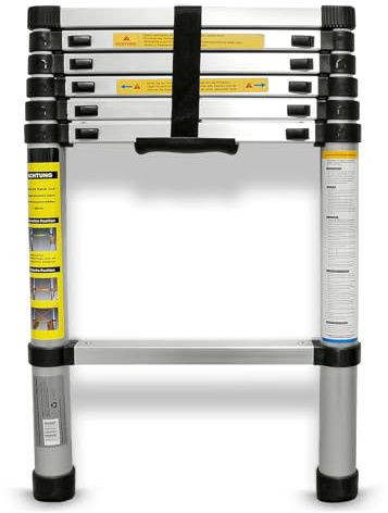 Eaxus® Escalera telescópica de 2,0 m - Escalera multiusos de aluminio extensible con 7 peldaños, color plateado