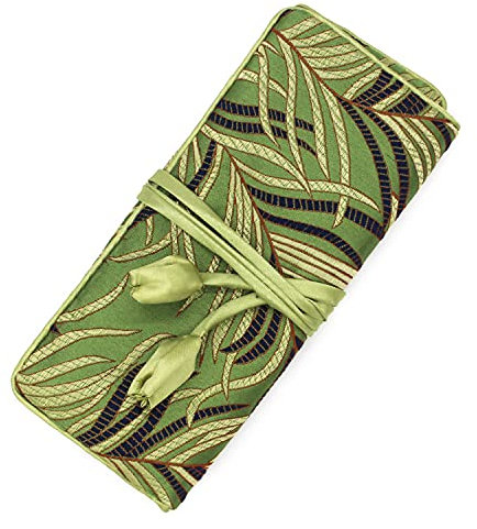SmilerSmile Schmuck-Reisetasche, Stickerei, Reise-Schmuck-Organizer mit Krawatte, bestickte Blume, Schmuckrolle für Frauen und Mädchen (S Blattgrün)