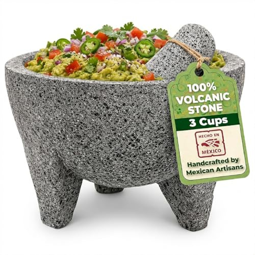 YOPIDO MX Mörser und Stößel Set Rührschüsseln Knoblauchmühle, mexikanisch, handgefertigt mit hochwertigem Lavaston, Pillenzerkleinerer und Gewürzmühle Molcajete 17,8 cm