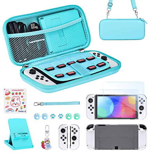 Younik Pack d'Accessoires Switch OLED, Kit d'Accessoires 17 en 1 pour Filles Comprenant un Etui de Transport pour Switch, un Support Réglable, un Etui de Protection pour Console Switch et J-Con