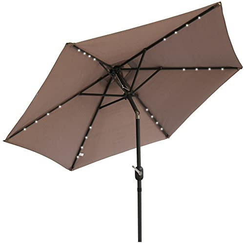 Blümme 2.5M Garden Parasol Round Umbrellas with Crank and LED Lights Sun Shade for Outdoor Garden Patio Taupe