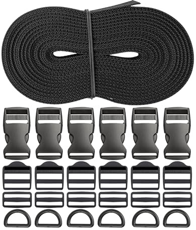 Gurtband Set mit Schnallen, 6 Meter Länge, 25 mm Breite, 1,2 mm Stärke, tiefschwarzes Gurt Band, PET Material, reißfeste + belastbare Strap, je 6 x 25 mm D-Ring, Steck-, Leiter- und Stegschnallen