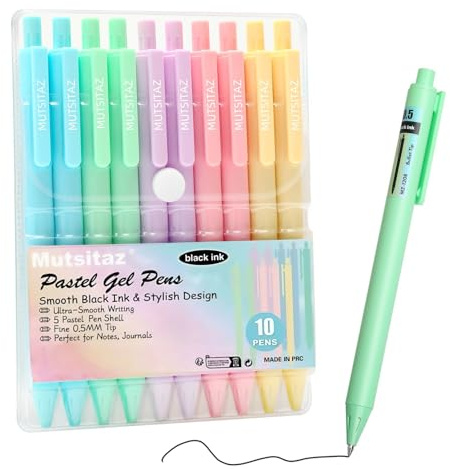 Mutsitaz Druckkugelschreiber Gelschreiber 10er Set, Macaron Pastell Ästhetik Stifte, 0.5mm Feine Spitze, Schwarze Tinte, Professioneller Bürobedarf für Journaling, Planer und Notizen