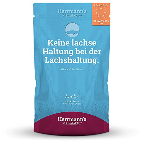HERRMANN'S – Lachs mit Aprikose | Nassfutter mit natürlichen Zutaten und hochwertigen Proteinen für ausgewachsene Hunde. Alleinfutter in Manufaktur-Qualität ohne Zusatzstoffe in der Dose | 15x150g
