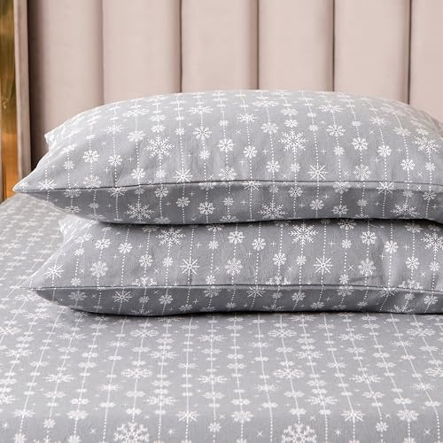 Elegant Comfort Ultra Soft 4-Piece 100% Turkish Cotton Flannel Sheet Set - Holiday Christmas Flannel Sheets, Warm and Cozy Premium Quality, Deep Pocket Fitted Sheet- King, Snowflake Gray