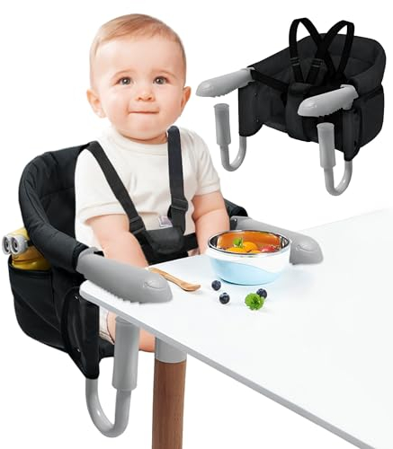 HENGMEI Essstuhl Baby Hochstuhl Tischsitz Faltbar Babysitz Sitzerhöhung mit Rutsch-Klemmen und Sicherheitsgurt, Kinderhochstuhl Esstisch Stühle Tragbarer Fütterungstisch Kinder Stuhl, Schwarz