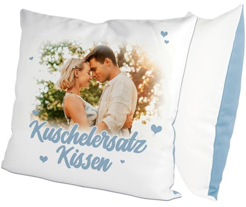 glitzertassen.de® | Kuschelersatz | Kissen mit eigenem Foto | Geschenk | personalisiert | 40x40cm | Liebe | Deko Kissen | Fotokissen | Kuschelkissen | Weiß/Blau