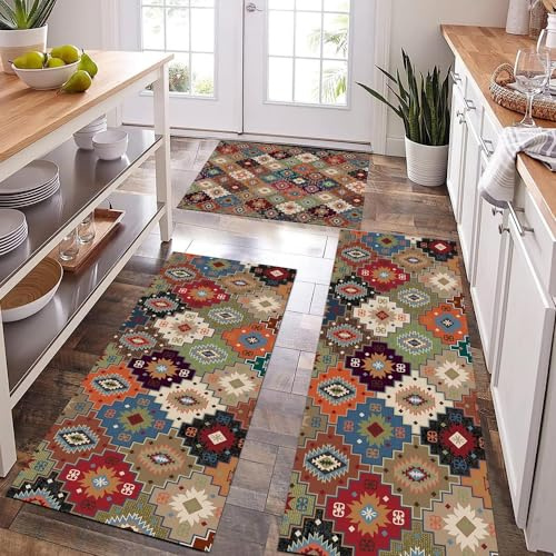 GUBIYU Red Blue Geometric Diamond Rug Colorful Patchwork Rugs Boho Rugs Farmhouse Kitchen Rugs Sets 3 Piece with Runner Soft Kitchen Carpets and Rug Non Slip Washable for Entryway Front Door Laundry