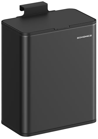 SONGMICS Hanging Kitchen Bin, 2.1-Gallon (8 L) Steel Trash Bin with Lid for Food Waste, Cabinet Door Hanging or Wall-Mounted with Hooks, for Under Sink, Bathrooms, Ink Black LTB810B01