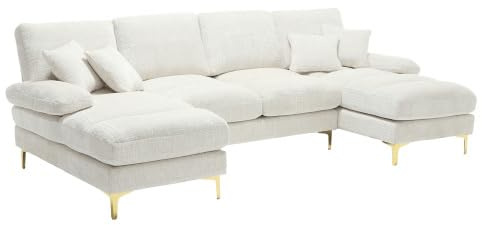 HAINEW Modern hörnsoffa, hörnsoffa med kuddar och armstöd, stoppade möbler, 4-sitsig U-formad soffa med gyllene ben, chenille, loungesoffa, bekväm soffa för vardagsrum (beige)