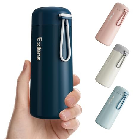 Exllena Small 250ml Water Bottle Made of 304 Stainless Steel, Double Wall Vacuum Insulation for Hot&Cold Drinks, Mini Flask with Carry Handle - 100% Leakproof(Dark-Blue)