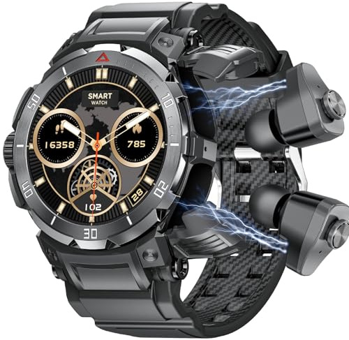 Montre Homme Connectée Militaire Etanche Sport avec Ecouteurs Bluetooth sans Fil Appel Clair Intégré Casuqe TWS Montre Sport Homme Smartwatch Appel IP67 Etanche Waterproof