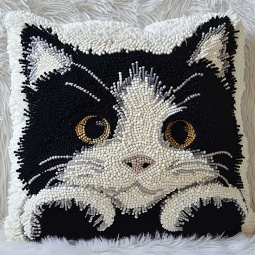 DIY knüpfen set erwachsene Schwarz-weiße Katze knüpfkissen set Süße Tiere DIY Knüpfkissen，Überwurfkissen，Matte，Stickerei-Bastelsets für Anfänger mit aufgedrucktem Muster，Heimdekoration 43x43cm