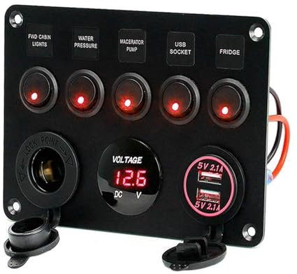 MUEOSI Panneau de Commutation de Bateau Marin étanche à 5 Gangs, for Prise USB Double 12 V, disjoncteur 4,2 A, Interrupteur à Bascule, contrôle de Voiture, Bateau, Marine Tableau électrique(Rot)