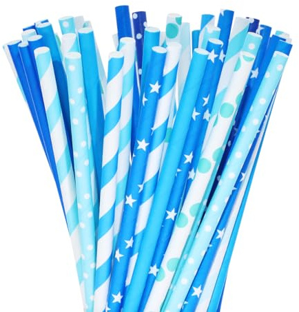PPhtony Papierstrohhalme, 50 Stück, sortiert, Einweg-Trinkhalme für Geburtstag, Weihnachten, Hochzeit, Halloween, Brautparty, Cocktail, Saft, Party-Dekoration (50, gemischtes Blau)
