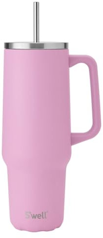 S'well Tumbler XL, Vaso Reutilizable con Pajita, Botella de Acero Inoxidable de Triple Capa, Mantiene las Bebidas Calientes durante 50h y Frías durante 10h, 1180ml, Rosa Hortensia