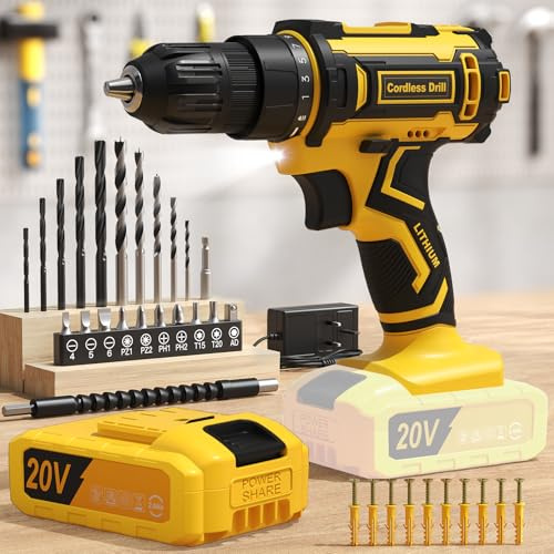 Cordless Drill, 20V Power Drill Set with 25+1 Max 370 in-lb Torque, Electric Combi Drills and Screwdriver Set, 3/8 Keyless Chuck, 42Pcs Bits, 2000mAh Battery Drills Driver Tools for Home Repair DIY