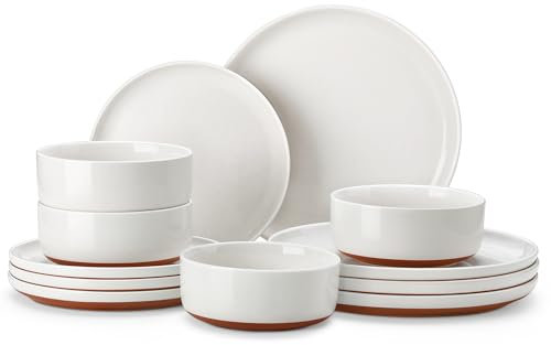 MALACASA Plates and Bowls Sets, 12 Pieces Modern Stoneware Dinnerware Set for 4 Kitchen Dinner Set Ceramic Dishware Dishes Set Microwave and Dishwasher Safe, White, Series TARA
