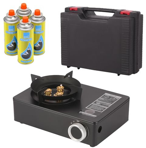 Compact Portable Gas Stove Burner - Camping Stove with & Carry Case - Ideal for Outdoor BBQs, Picnics, Travel Cooking - Outdoor Windproof Camp Stove, Cooking Grill, Propane Burner (Gas Stove + 4 Gas)