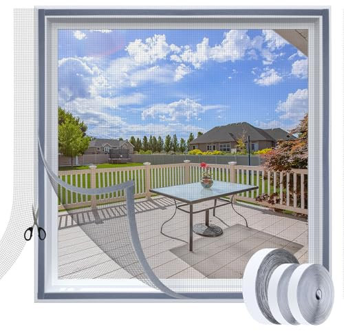 URBZUE DIY Window Fly Screen, Adjustable Window Screen Max 59 x 70 with Hook & Loop Strips, Cat Window Screen, Adhesive Window Mosquito Net to Keep Bugs Out, DIY Size, Black Mesh