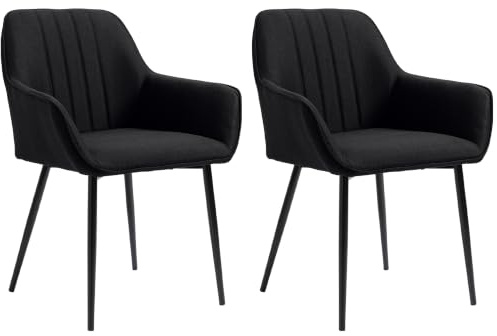 HOMCOM Esszimmerstühle Besucherstuhl Skandinavisches Design - 2er-Set - Verjüngte Metallbeine Schwarz - Sitzfläche Rückenlehne Ergonomische Armlehnen Leinen Schwarz