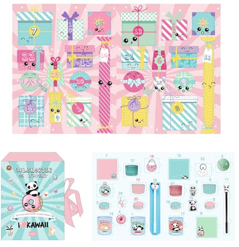 THE CONCEPT FACTORY - BO0186 Calendrier Kawaii avec Surprises Quotidiennes - Animaux Mignons et Accessoires de Papeterie - Conçu pour Noël - Multicolore - 19x13x25 cm