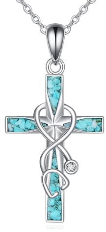 ONEFINITY Türkisfarbene Kreuzkette aus 925er Sterlingsilber Halskette mit Stethoskop/Musiknoten/Rosenanhänger Kreuz religiöser Schmuck Geschenk für Frauen und Männer