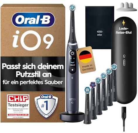 Oral-B iO Series 9 Elektrische Zahnbürste Schwarz PLUS Ausgewählte Original Oral-B iO Aufsteckbürsten Schwarz 7x