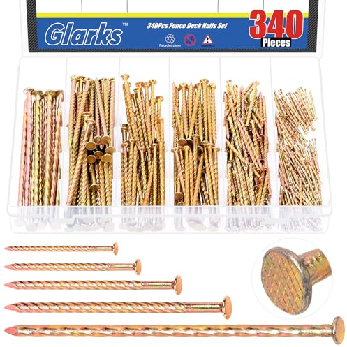 Glarks 340pcs 40/60/80/100/150mm Fence Deck Nails Kit, Carbon Steel Spiral Shank Deck Nail, Zinc Plated Twisted Nails for House Floor Repairing Wall Woodworking Baseboard