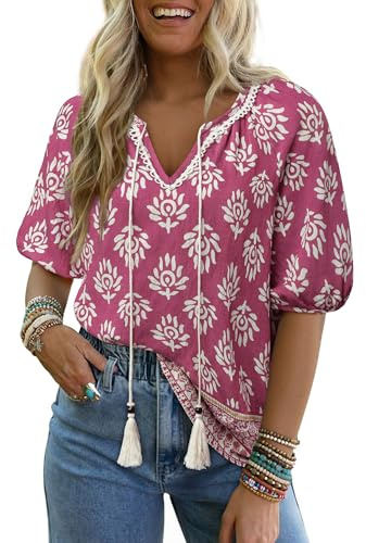 Vivilli Beach Vacation Clothes for Women, Boho Shirts for Women Spring Summer Tops Plus Size Womens Clothing Short Sleeve Boho Tops Casual Blouses Flowy Floral Cute V Neck Loose Fit Trendy Fuchsia XXL