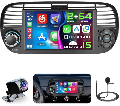 Hikity Autoradio Android 15 7 per Fiat 500 2007-2015 Wireless CarPlay | 2G+64G, Android Auto, RDS/FM, BT, GPS Navigazione, WiFi, Telecamera, MIC