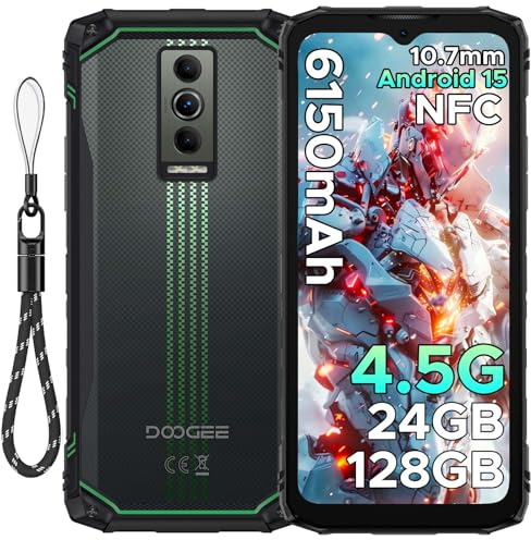DOOGEE Blade 10 Energy Rugged Smartphone - 10.7mm Ultra-Thin Rugged Phone, 6150mAh Battery Android 15 Phone with 24GB RAM+128GB ROM, 6.56 inch 90Hz Screen 16MP+8MP Cameras/NFC/Dual SIM/Face ID- Green