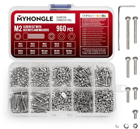 960 Pcs M2 Nuts and Bolts Set, Hex Socket Head Cap Screws Bolts and Nuts Set, Assorted Bolt and Nut Set with Washers, Stainless Steel Machine Screws Assortment Kit for Repair Fastener(M2-960)