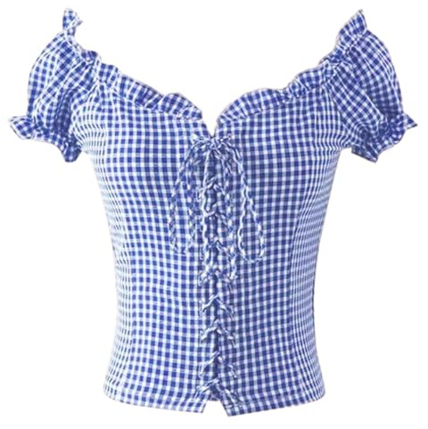 Trachtenbluse Damen Trachten Bluse Rot/Schwarz Kariert Kurzarm Trachtenmode Karohemd Oktoberfest Bluse Blau M