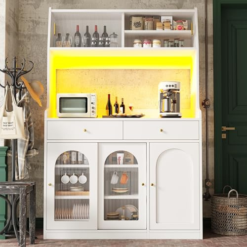 Lahoomu Küchenschrank, Hochschrank, Vitrinenschrank, Buffetschrank mit Verstellbaren Ablagen, Esszimmerschrank mit 2 Schubladen,Sideboard mit LED-Beleuchtung,Variable Lichtfarben,Weiß