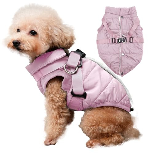 JoyDaog Hundejacke mit Geschirr, mit Fleece gefüttert, warmer Welpenmantel für den Winter, weiche, winddichte Weste für kleine Hunde, Hellrosa, Größe XS
