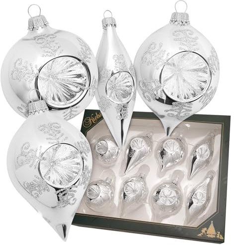 Krebs Glas Lauscha - Weihnachtsdekoration/Christbaumschmuck aus Glas - Reflektor Kugeln und Tropfen Glanz mit glitzernder Verzierungen - Farbe: Silber - Größe: ca. 7-10 cm