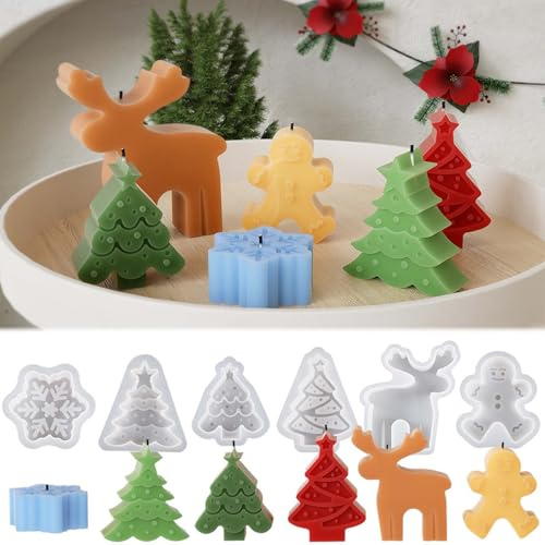 6Pcs Weihnachten Silikonformen Gießformen WISIRENT, Gießform Schneeflocke Weihnachtselch Kerzenform Silikonform Weihnachtsbaum, Weihnachts-Schneemann-Silikonform Weihnachtskerze Silikon Formen 3d